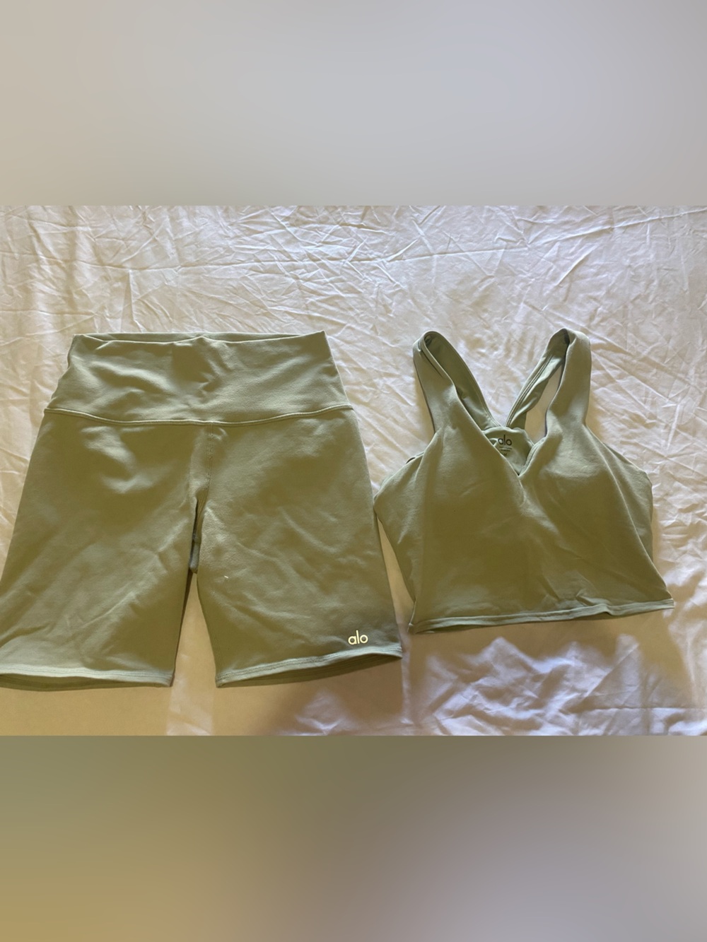 ALO Yoga Sage Green Biker Shorts & Crop Sport Bra Set
